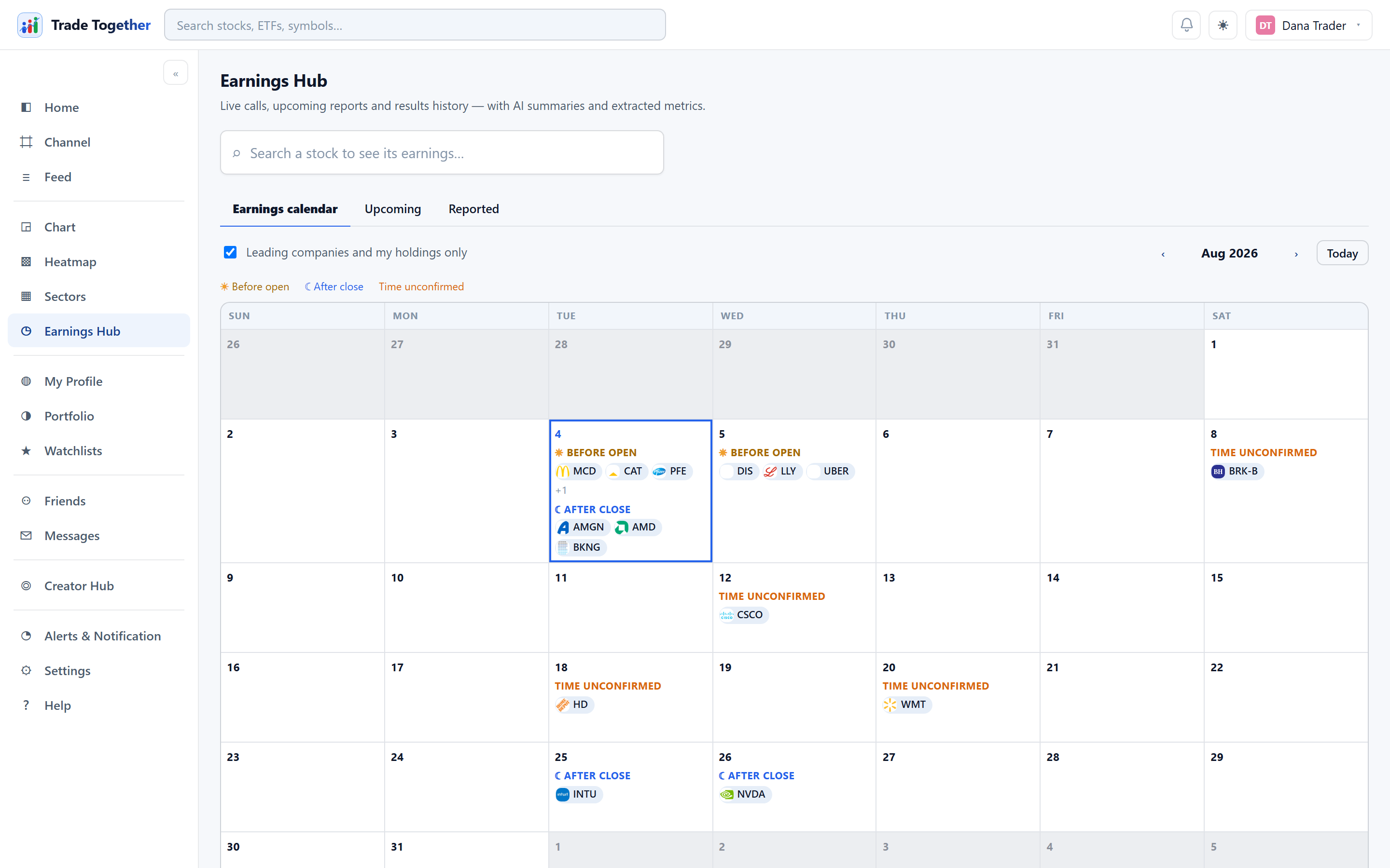 The Earnings hub: a symbol search box above three tabs, with the calendar showing companies grouped by reporting day.