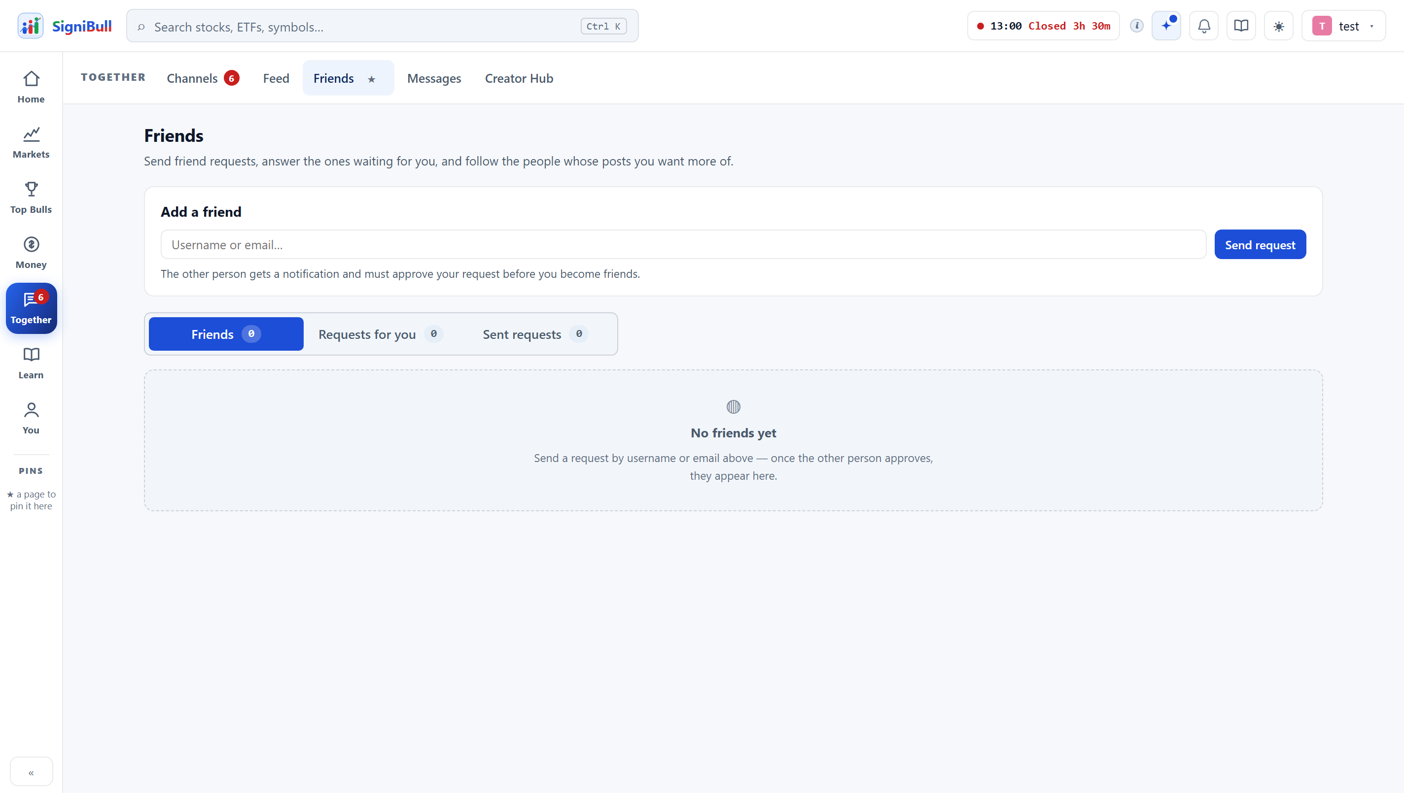 The Friends page: add a friend by username or email, with tabs for requests, before any friends are added.