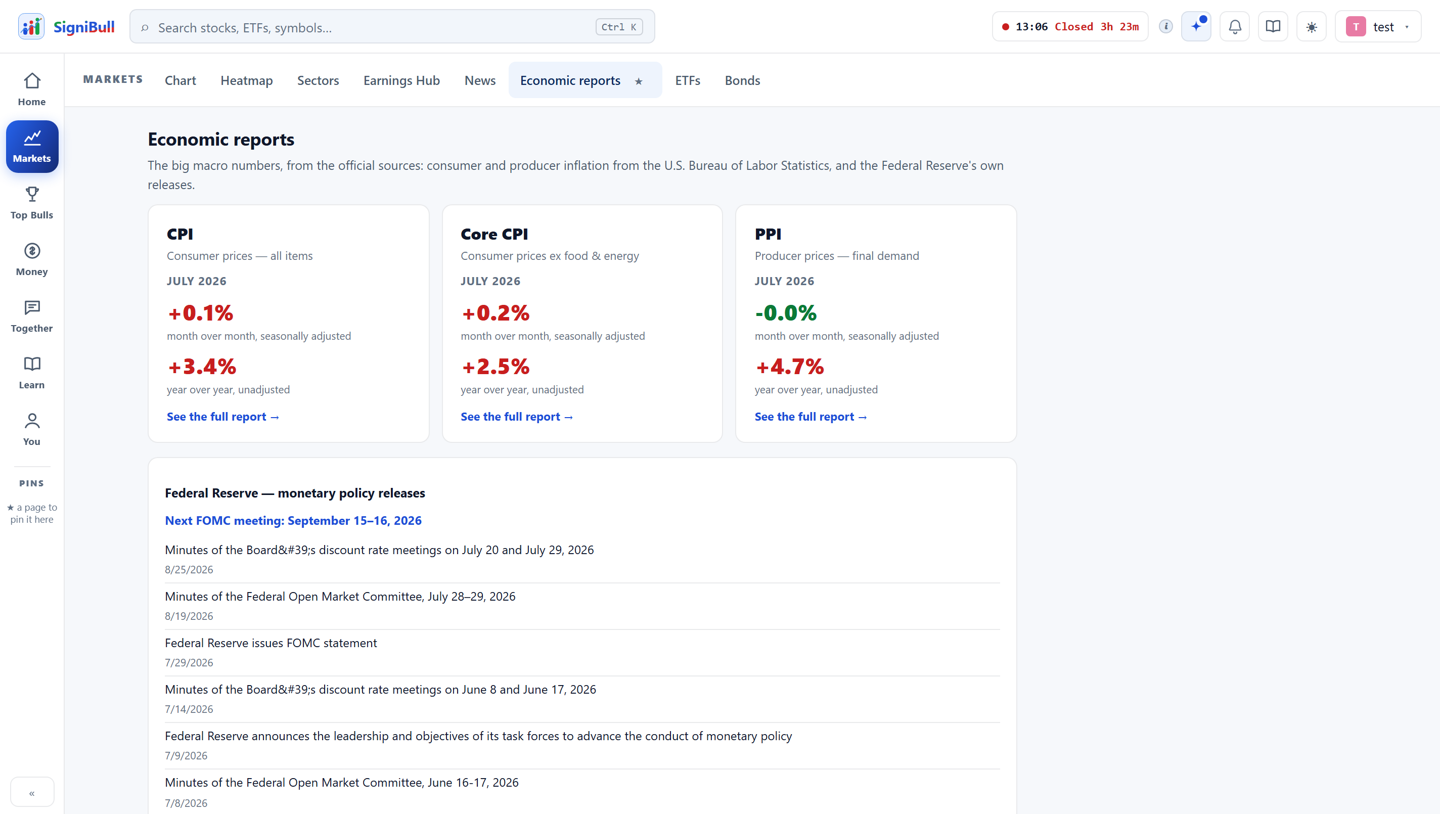 Economic reports on SigniBull — each release with a plain-language summary beside it