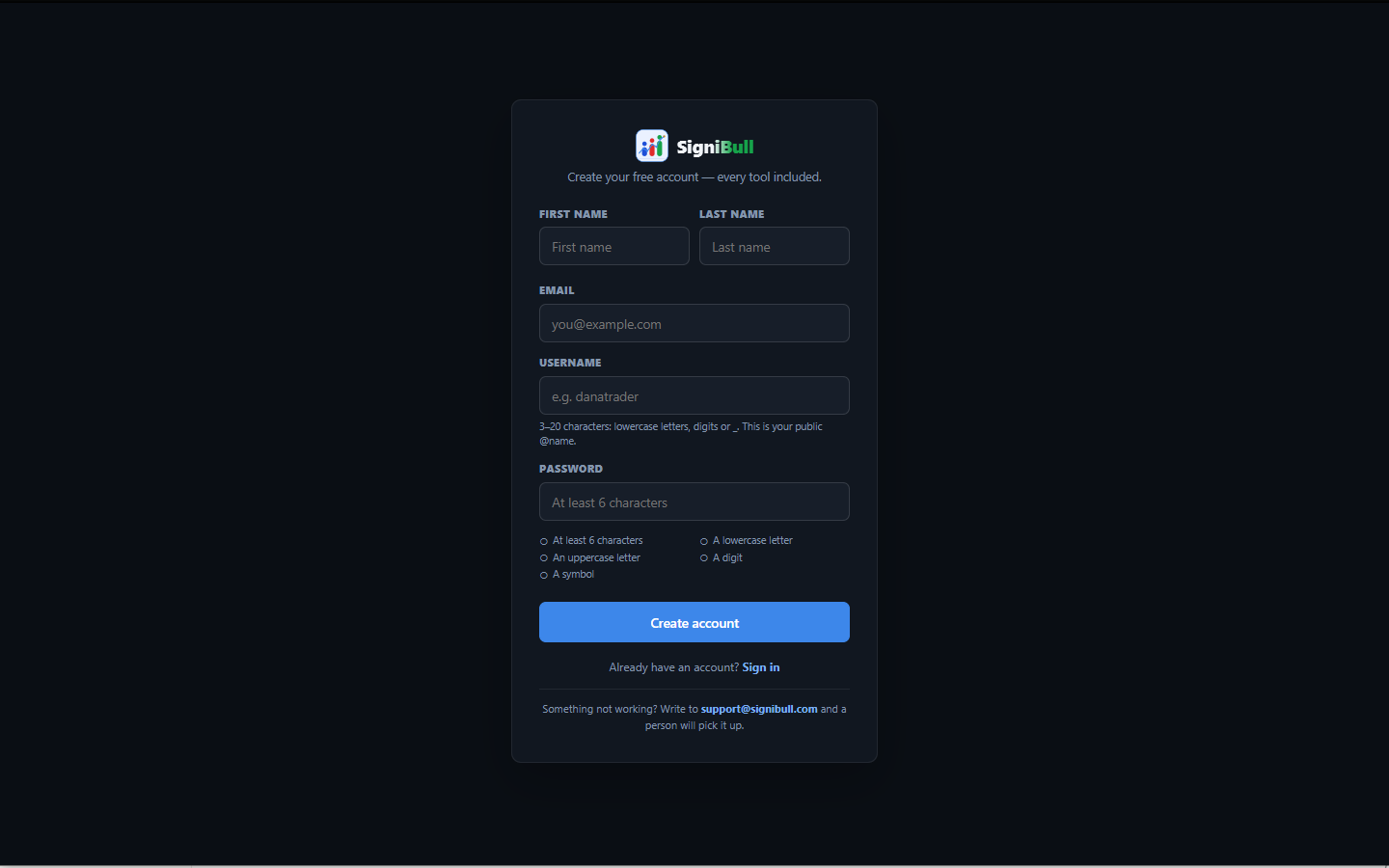 The Create account form: name, email, username, and a password with a live checklist of its five requirements.
