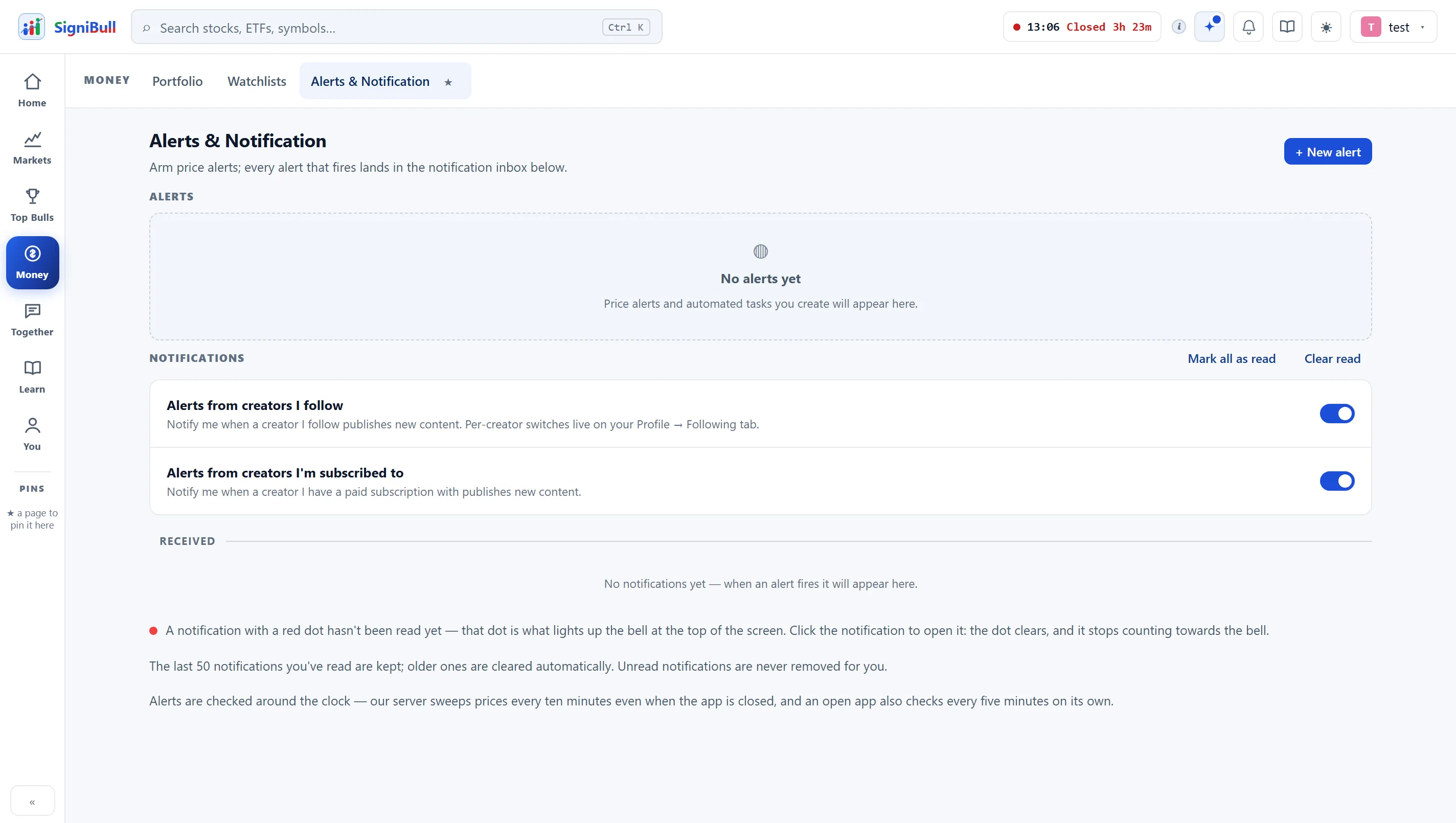The alerts page: each alert with its symbol, trigger and where it is delivered.