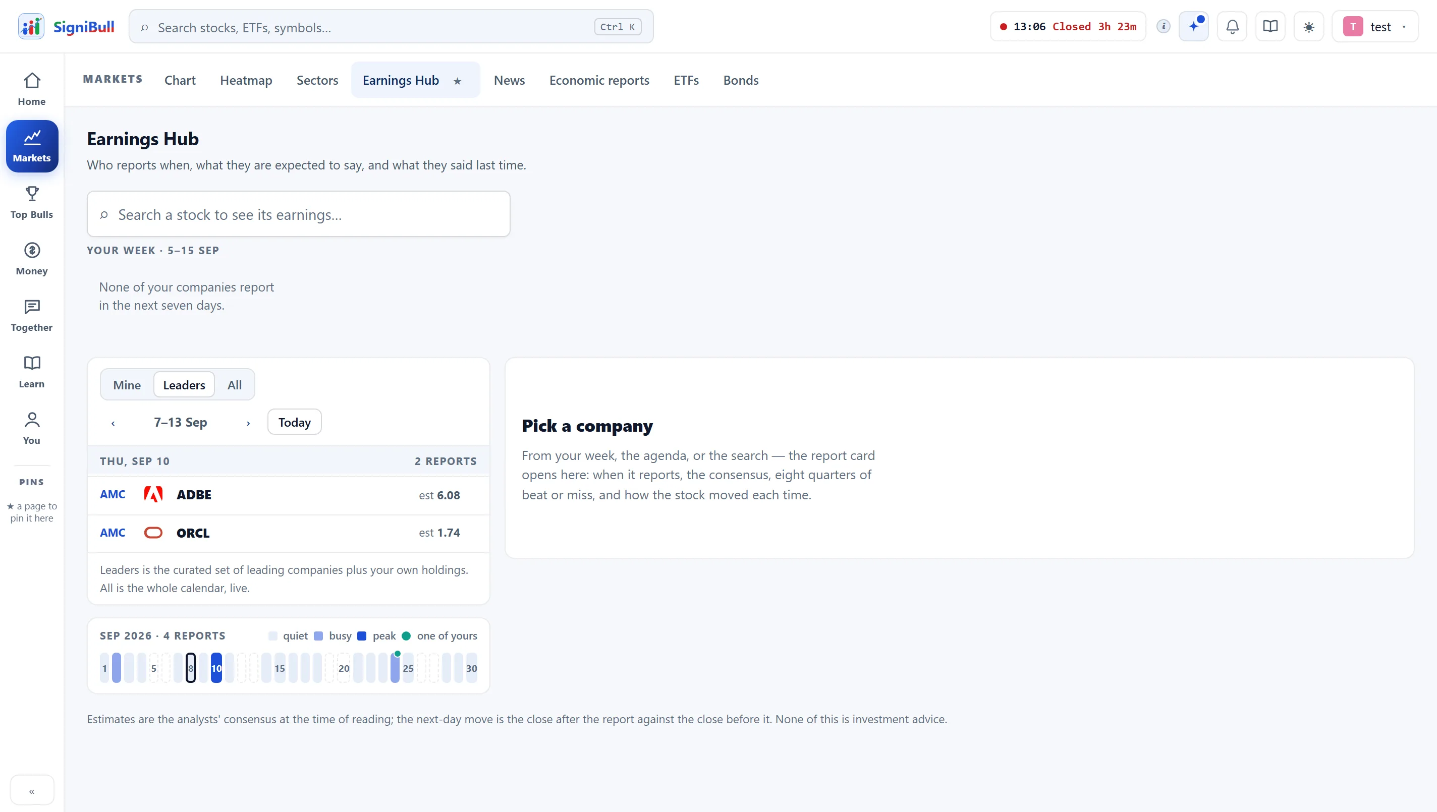 The earnings hub, showing upcoming reports.