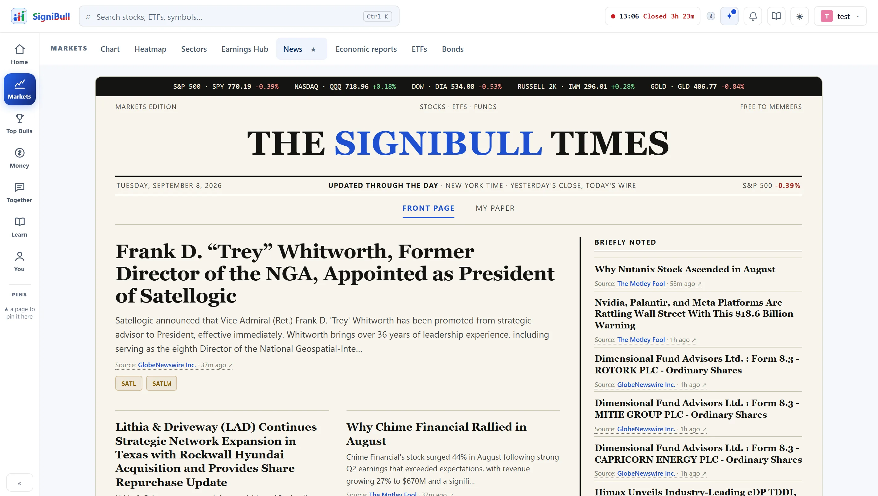 The news page, showing stories about the member's own holdings.