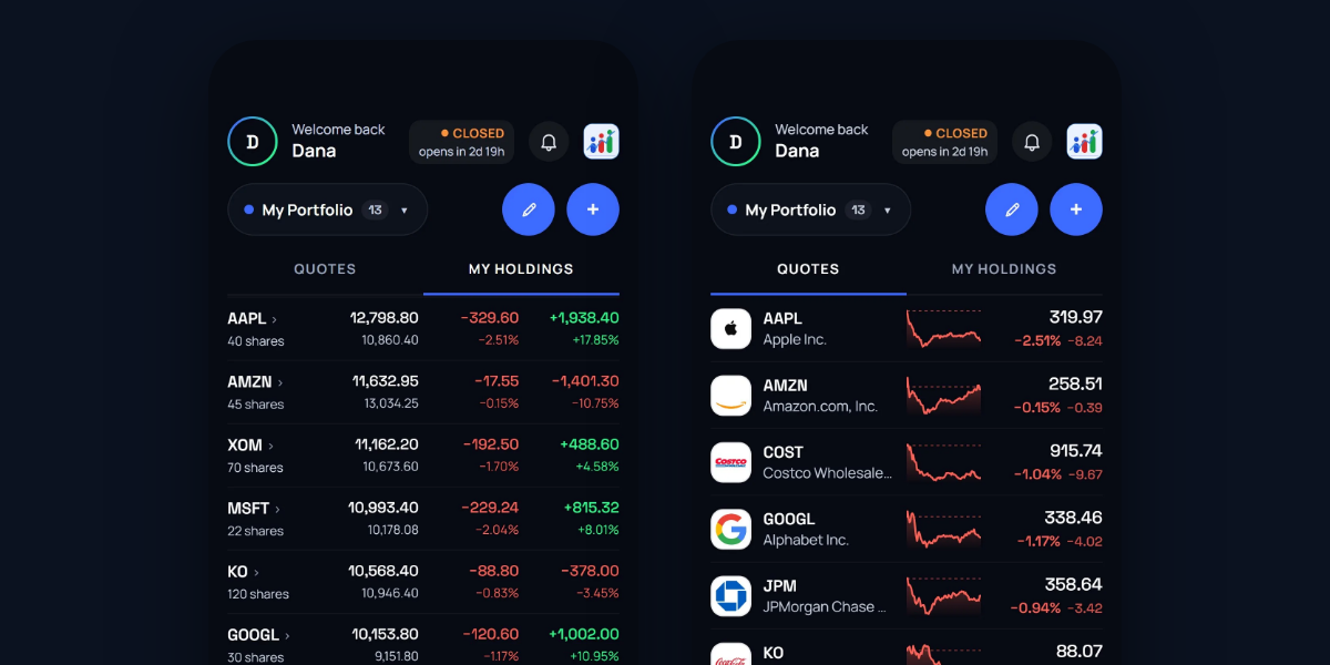 Two phone screens of the SigniBull app: holdings and portfolio
