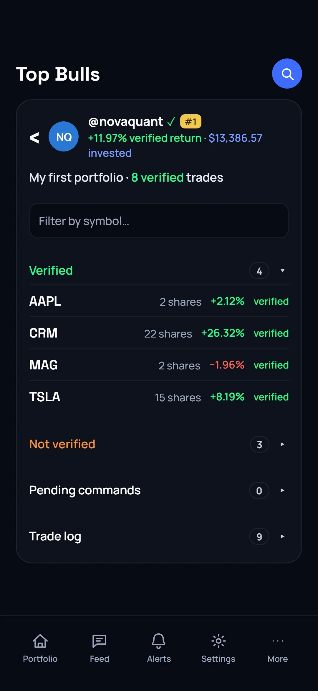 Another member's public profile: verified positions listed separately from typed-in ones.
