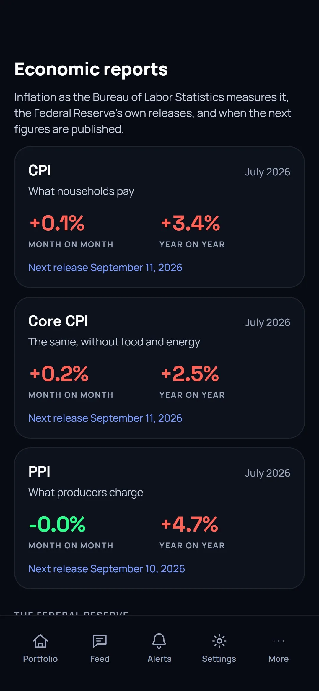 The economic reports screen on the phone.