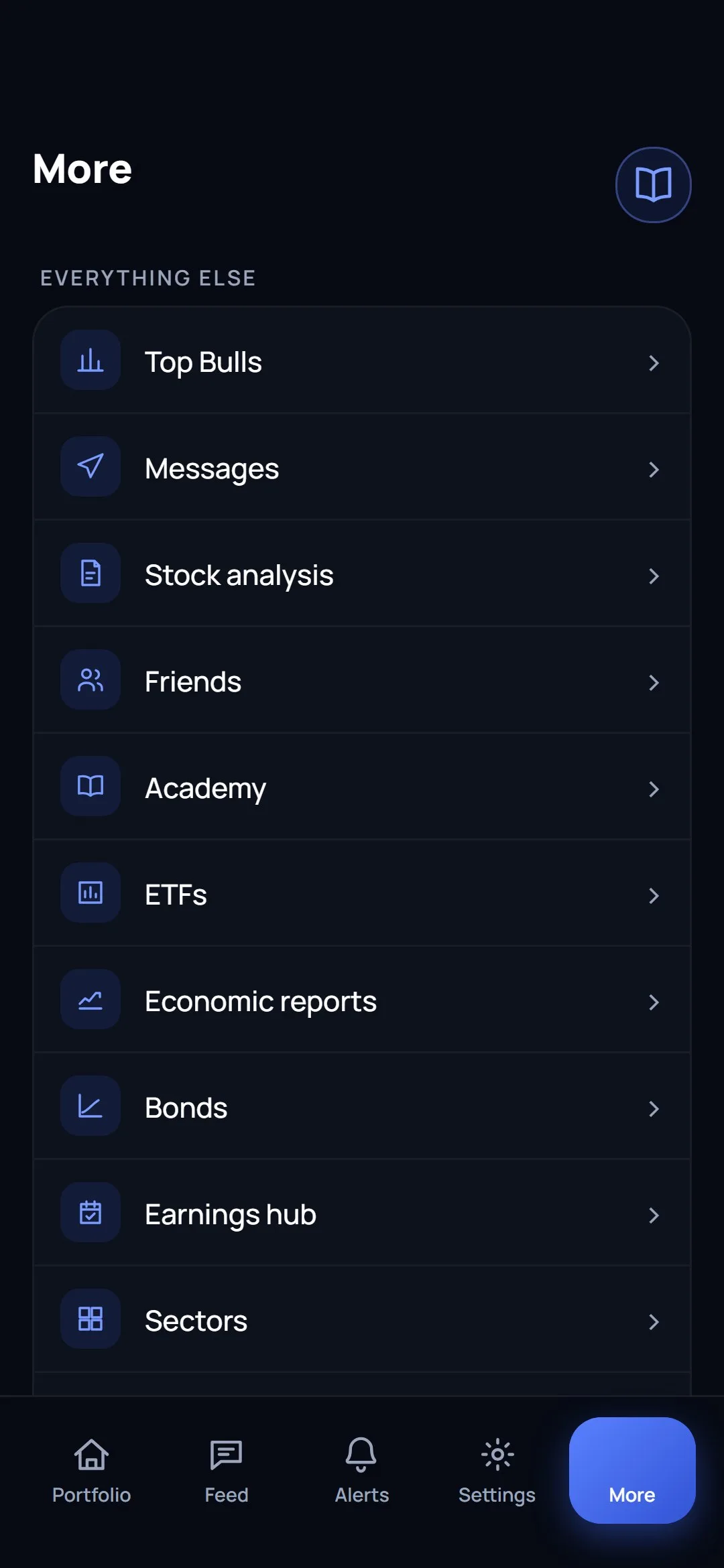 The More screen on the phone, listing every other part of the app.
