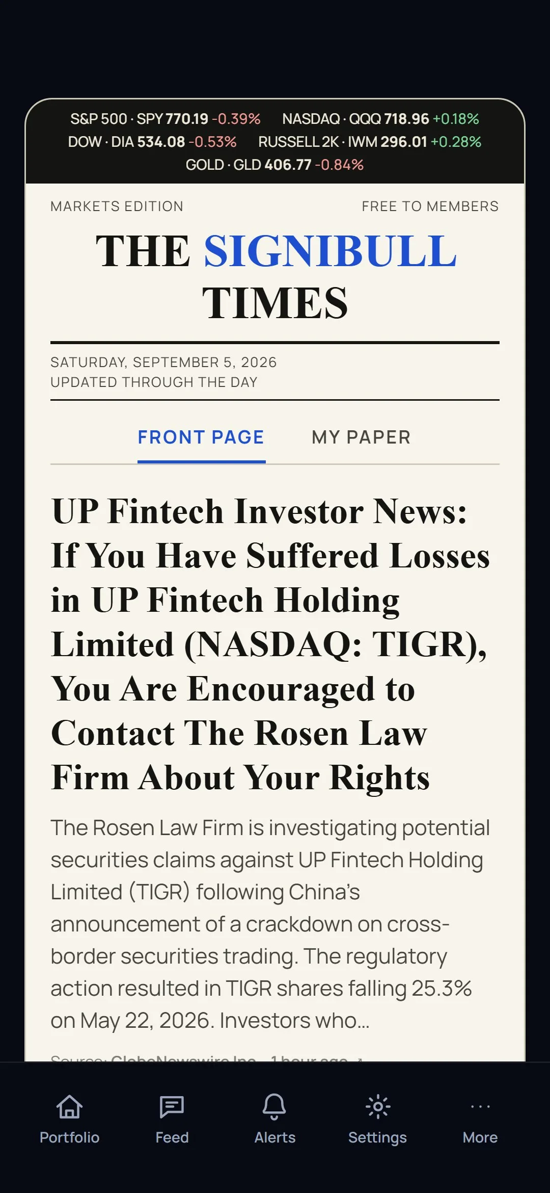 The SigniBull Times on the phone: the front page with today's headlines.