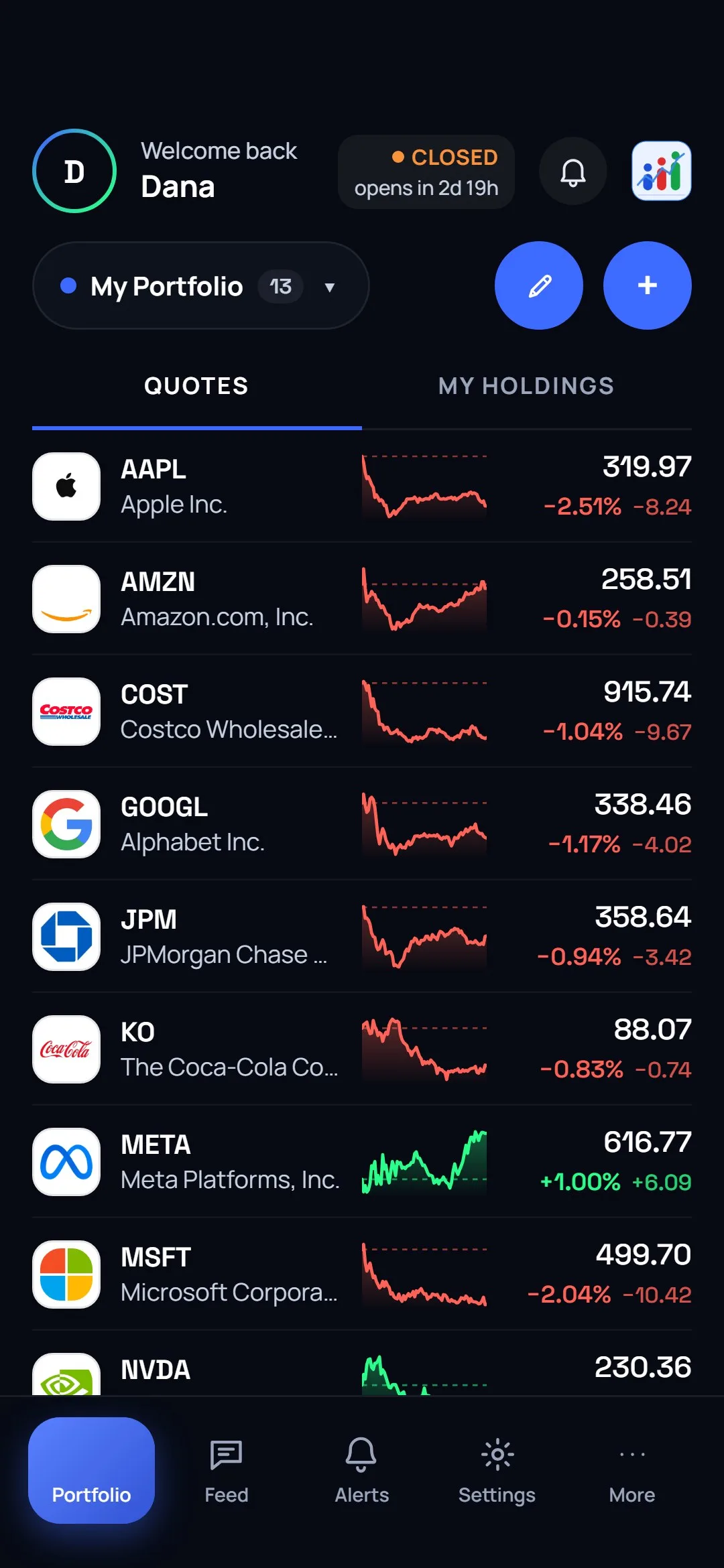 The portfolio screen with the verified split bar under the total.