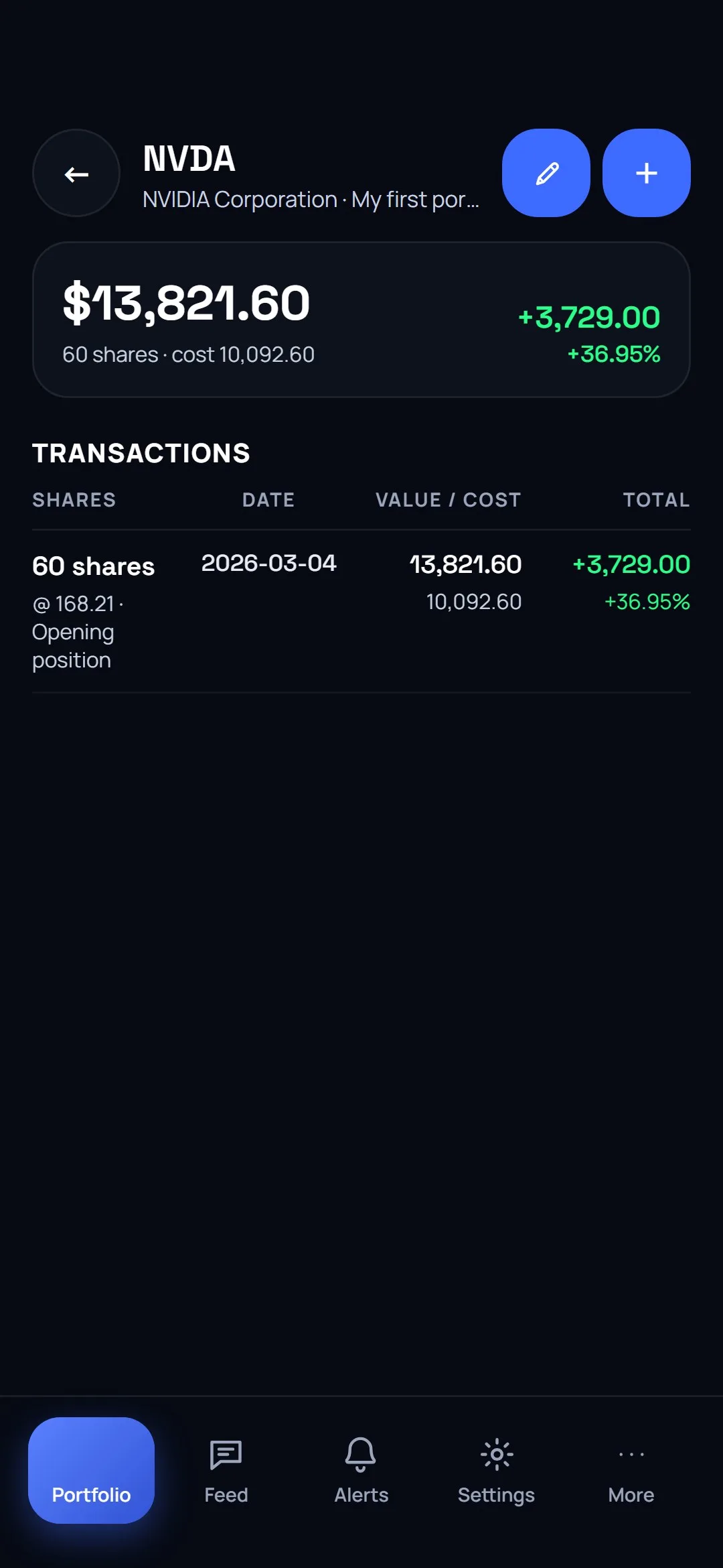 The transactions screen for MSFT: 121 shares at 432.00, marked Typed in.