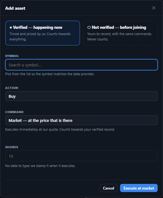 The SigniBull order ticket — verified command, symbol, action, market order, shares, no date field